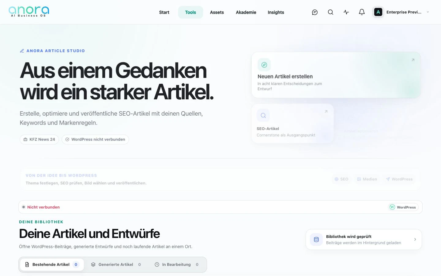 Article Studio mit Schnellstarts, WordPress-Verbindung und zentraler Artikelbibliothek