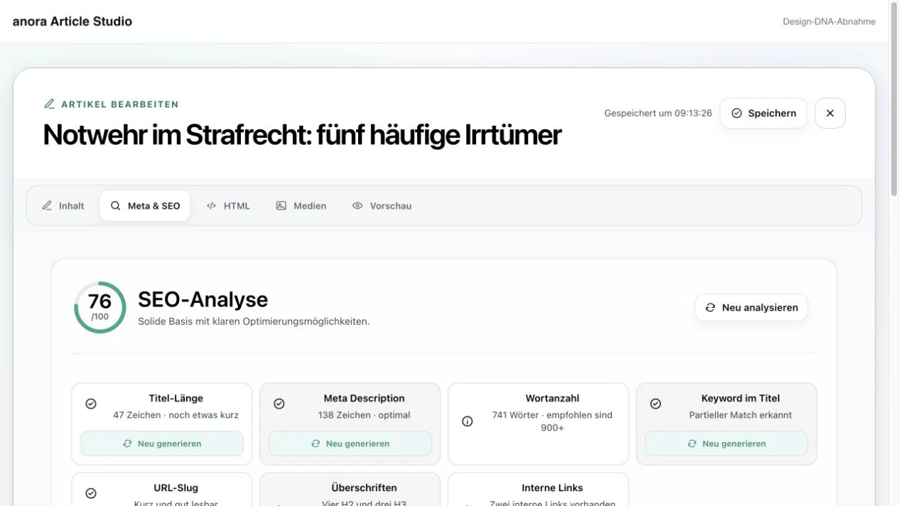Meta- und SEO-Prüfung im Article Studio mit Score, Fokus-Keyword, URL, Meta-Daten und Verbesserungshinweisen