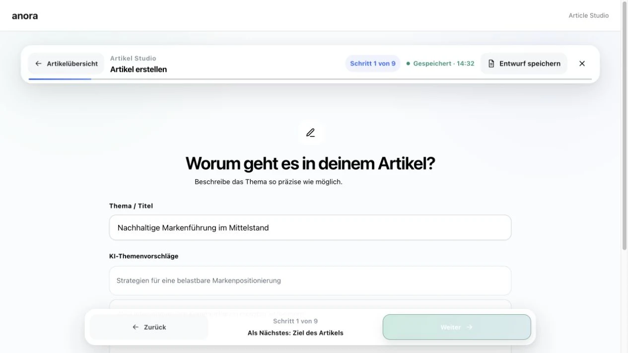 Der echte Article-Studio-Wizard führt durch Thema, Ziel, Zielgruppe, SEO, Quellen, Bilder und Freigabe