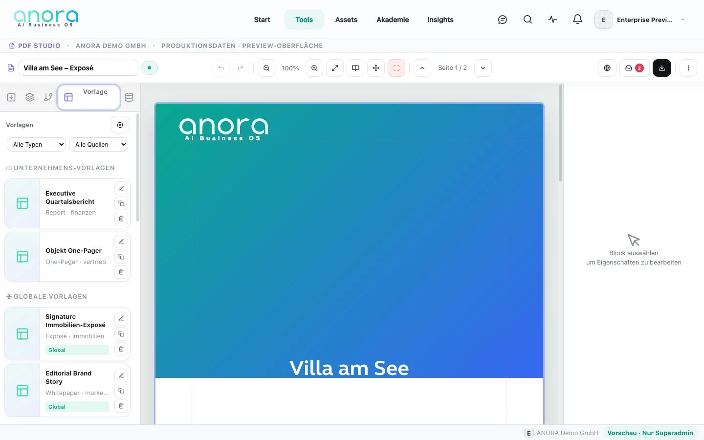 PDF Studio mit Unternehmensvorlagen und einem geöffneten Exposé