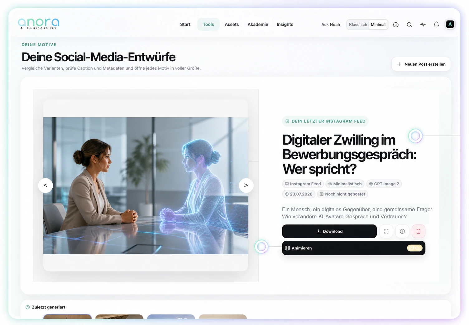 Fertiger Social-Media-Entwurf zum Thema digitaler Zwilling mit passendem Motiv, Caption, Metadaten und Download