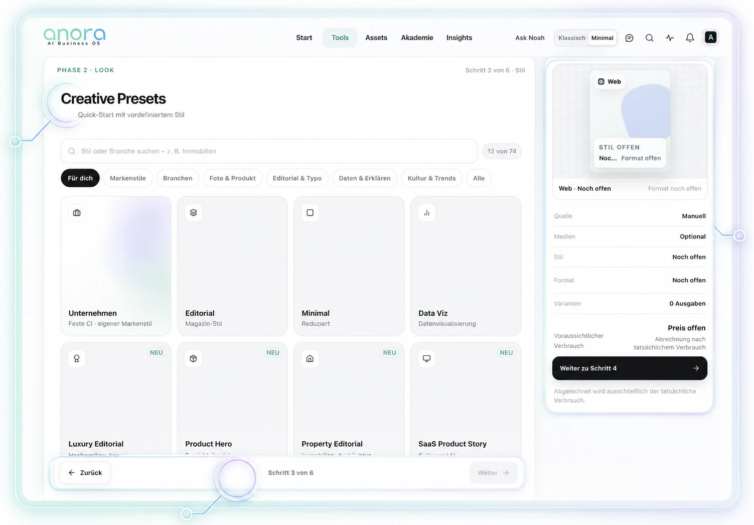 ANORA Social Studio Setup-Wizard mit Stil-Presets, Live-Zusammenfassung und sechs geführten Schritten
