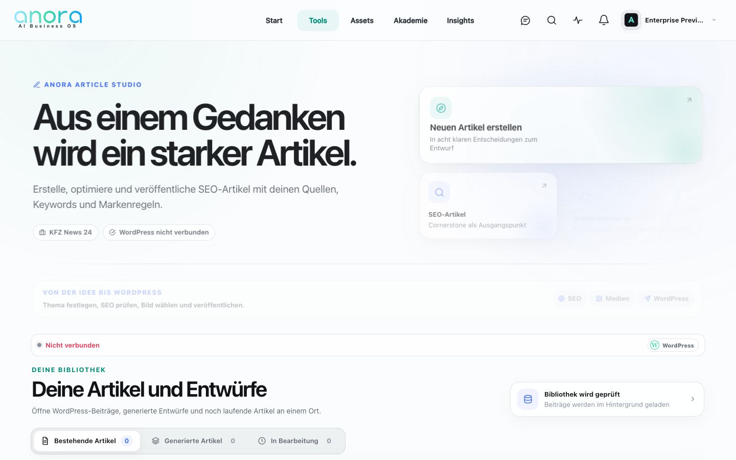 Aktuelle ANORA Article-Studio-Oberfläche für KFZ News 24