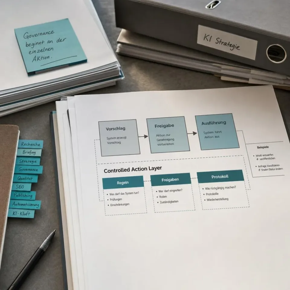 Editoriales Begleitmotiv zum Abschnitt „Governance beginnt an der einzelnen Aktion“ im Beitrag „Die KI-Dividende ist kein Automatismus“.