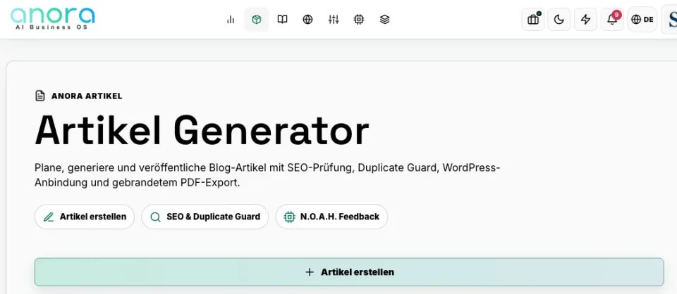 Article-Generator-Übersicht im Beitrag „ANORA Article Generator: Workflow mit Freigabe“