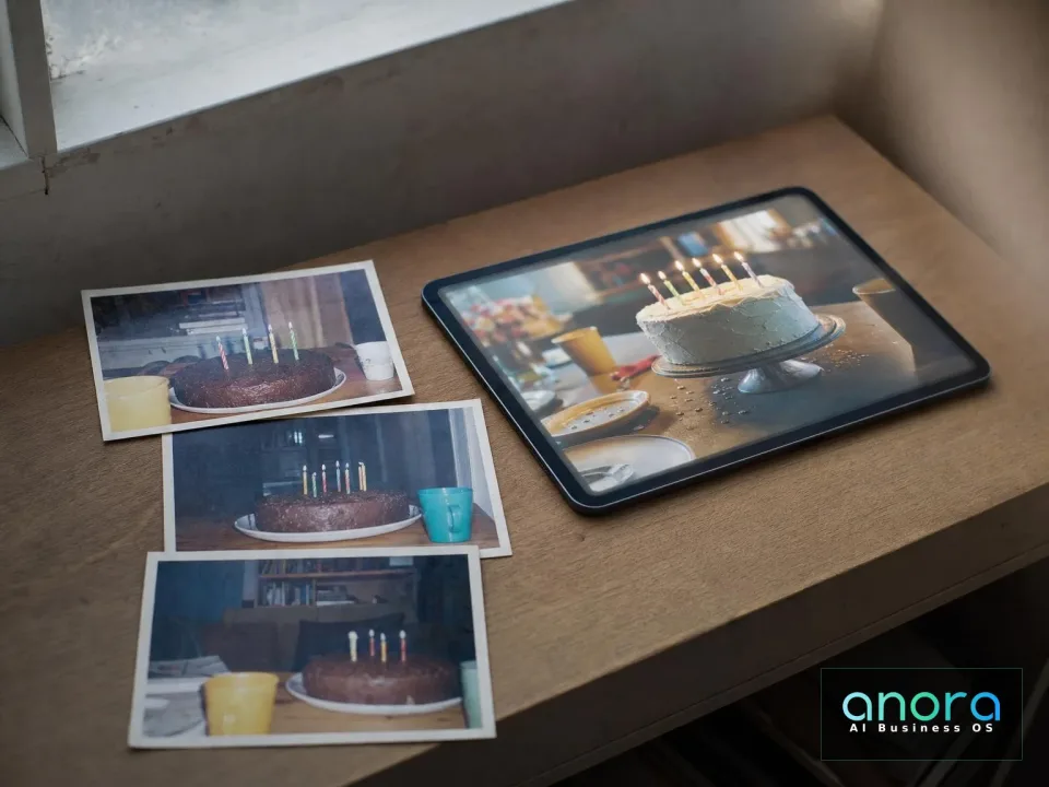 Drei Originalfotos eines Geburtstags liegen neben einer KI-rekonstruierten Version auf einem Tablet.