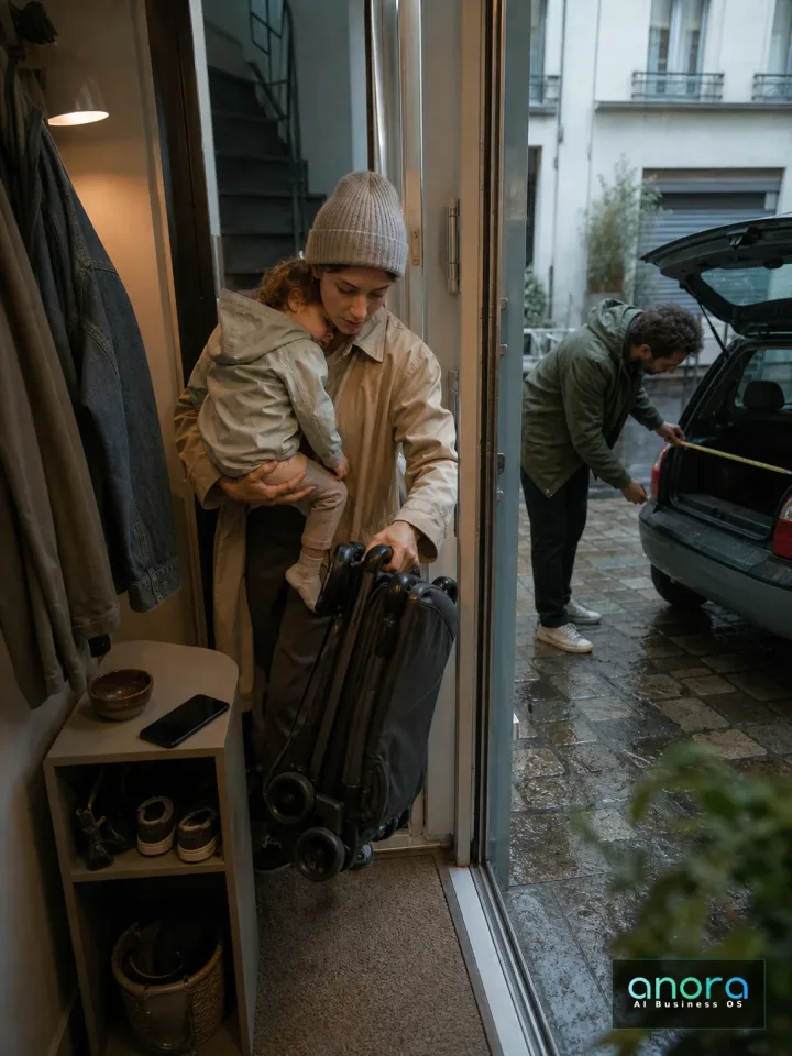 Eine Familie prüft im Regen, ob ein gefalteter Kinderwagen durch die Tür und in einen kleinen Kofferraum passt.