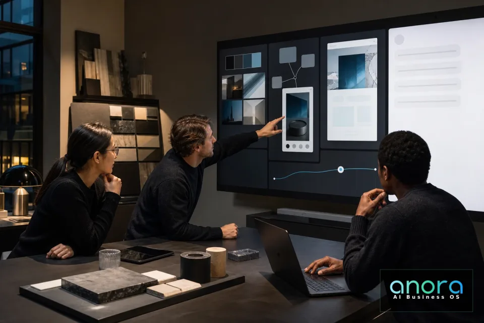 Ein dreiköpfiges Team entwickelt an einer großen visuellen Oberfläche eine ChatGPT-Ads-Kampagne.