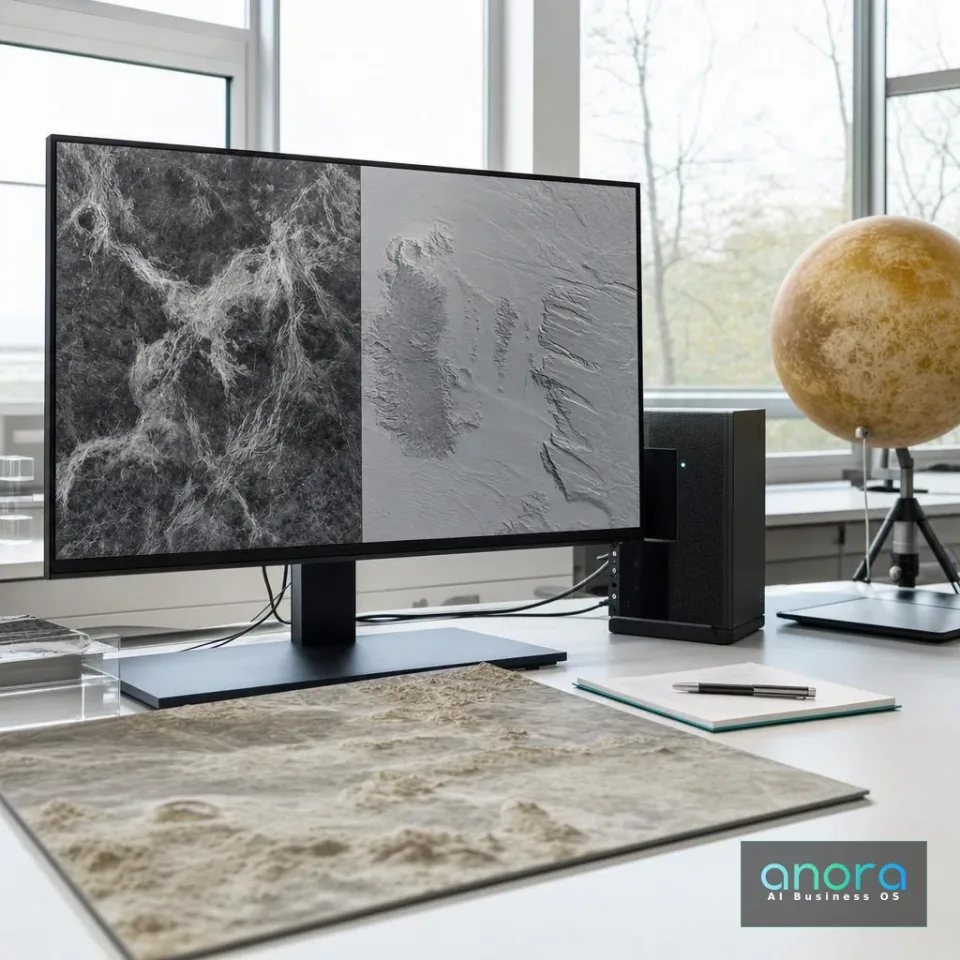 Illustration: Landschaftsdaten auf einem Monitor neben einer gedruckten Karte und einem Globus.