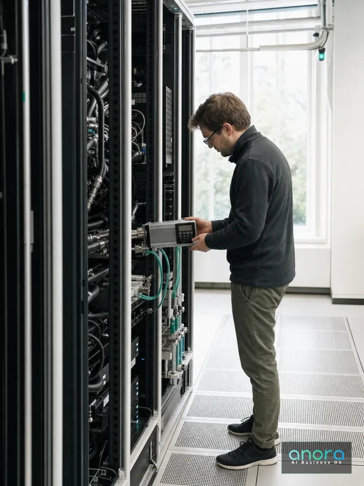 Illustration: Ein Techniker arbeitet an einem geöffneten Serverschrank.