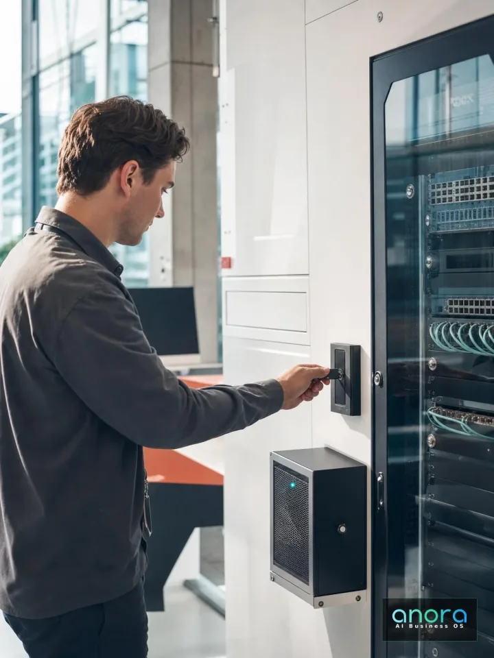Illustration: Ein Techniker bedient die Zugangskontrolle an einem Serverschrank.