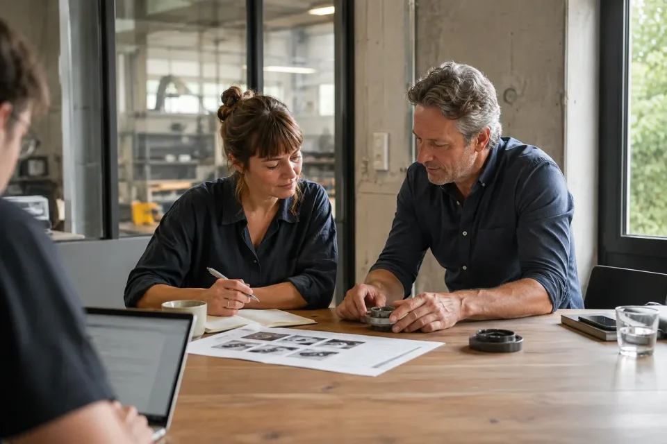 Ein internes Team prüft Produktunterlagen und ein Bauteil gemeinsam in einem hellen Besprechungsraum.