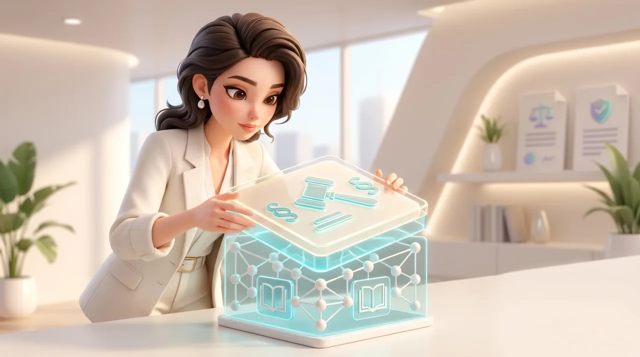 Illustration: Eine Frau in hellem Anzug betrachtet und hält eine leuchtende transparente Box mit Paragrafen-, Hammer- und Buchsymbolen in einem modernen Büro.