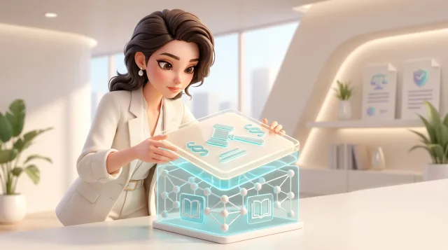 Illustration: Eine Frau in hellem Anzug betrachtet und hält eine leuchtende transparente Box mit Paragrafen-, Hammer- und Buchsymbolen in einem modernen Büro.