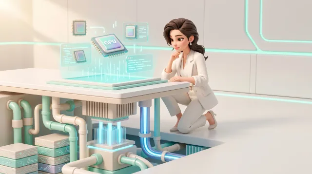 Illustration: Eine Frau im weißen Anzug kniet an einem futuristischen Tisch und betrachtet schwebende Chip- und Datenanzeigen über leuchtenden Rohren und Geräten.