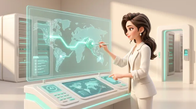 Illustration: Eine Frau im weißen Anzug hält einen Stift an eine leuchtende holografische Weltkarte vor Serverracks und einem Bedienpult.