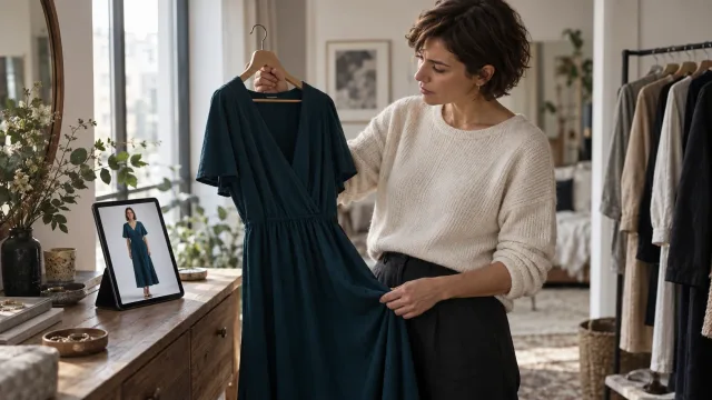 Eine Frau hält ein petrolfarbenes Kleid und betrachtet auf einem Tablet eine Anprobebild-Illustration.