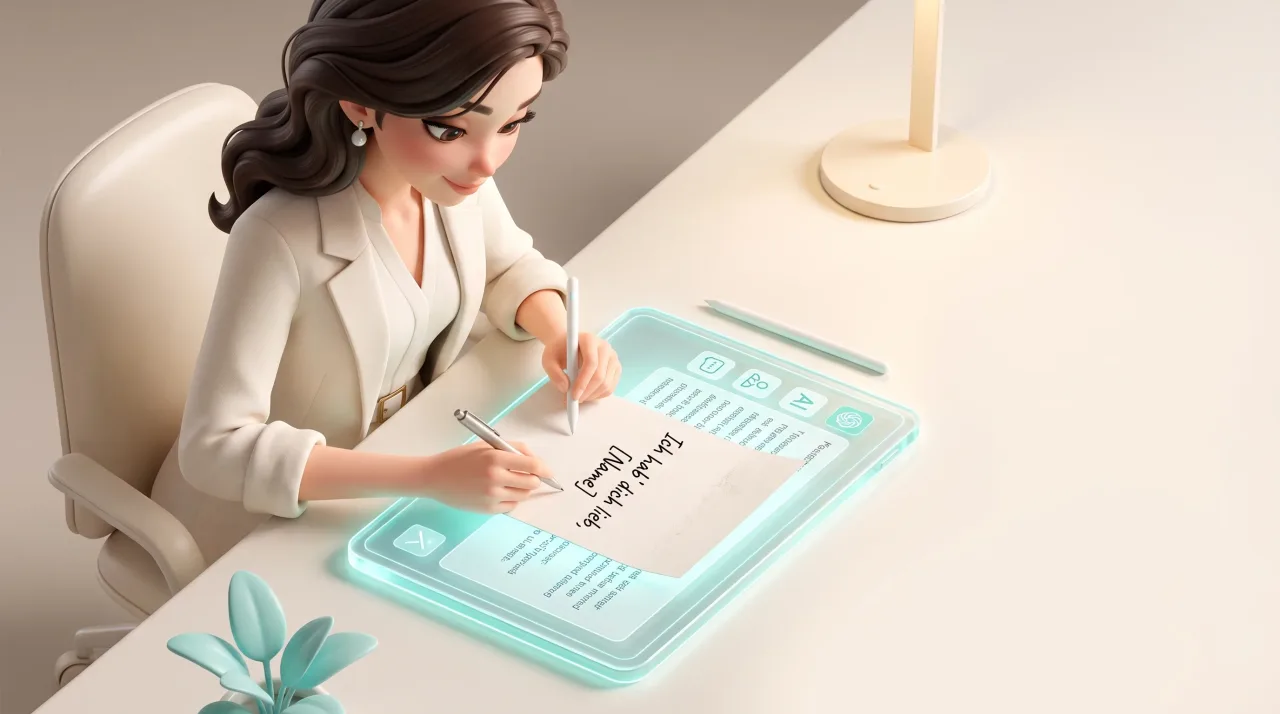 Illustration: Eine Frau schreibt mit zwei Stiften auf eine Karte über einem leuchtenden Tablet. Auf der Karte steht: „Ich hab dich lieb. [Name]“.