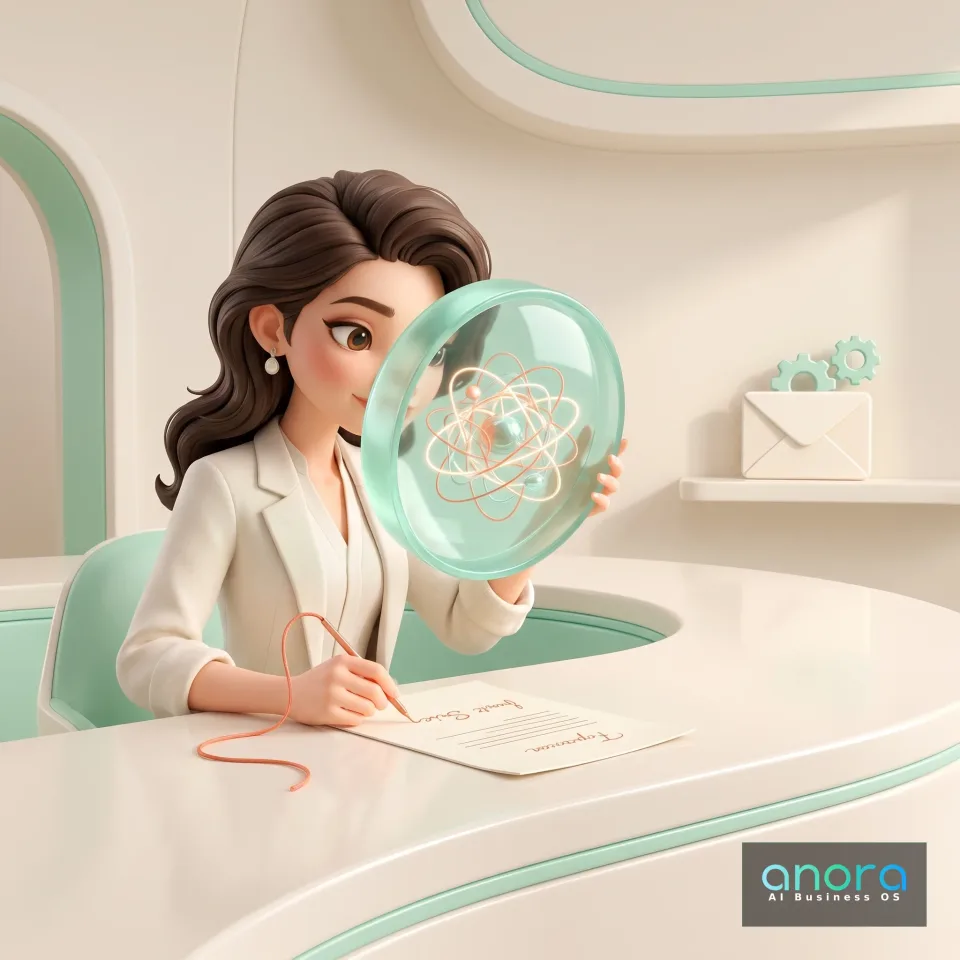 Illustration: Eine Frau schreibt auf ein Blatt und hält eine transparente Scheibe mit einem atomähnlichen Muster vor ihr Gesicht. Im Hintergrund stehen ein Briefumschlag und Zahnräder.