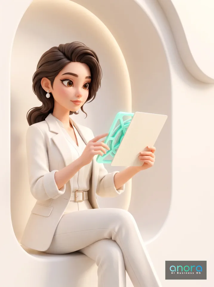 Illustration: Eine Frau hält in einer hellen Sitznische eine geschlossene Karte und berührt eine dahinterliegende transparente, mintfarbene Platte mit kreisförmigem Muster.