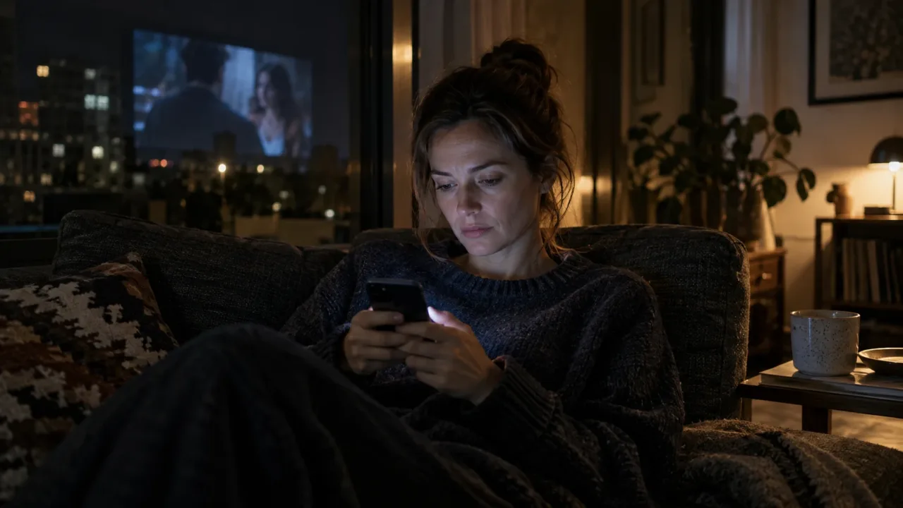 Eine Frau schaut abends auf ihr Smartphone; im Fenster spiegelt sich der laufende Film.