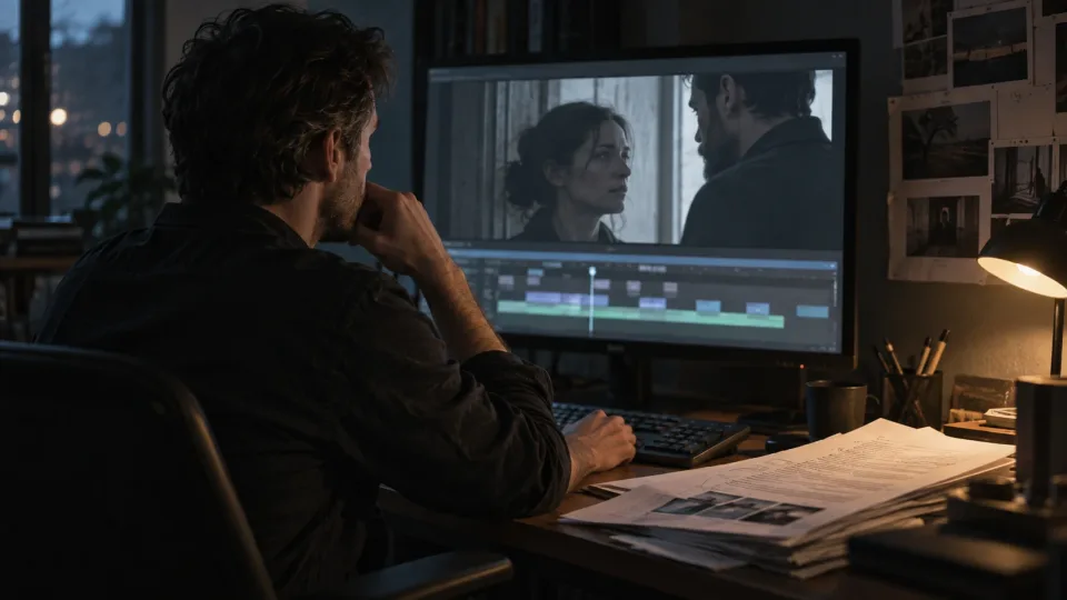 Ein Cutter betrachtet im abendlichen Schneideraum eine Filmszene mit zwei Menschen in einer Tür.