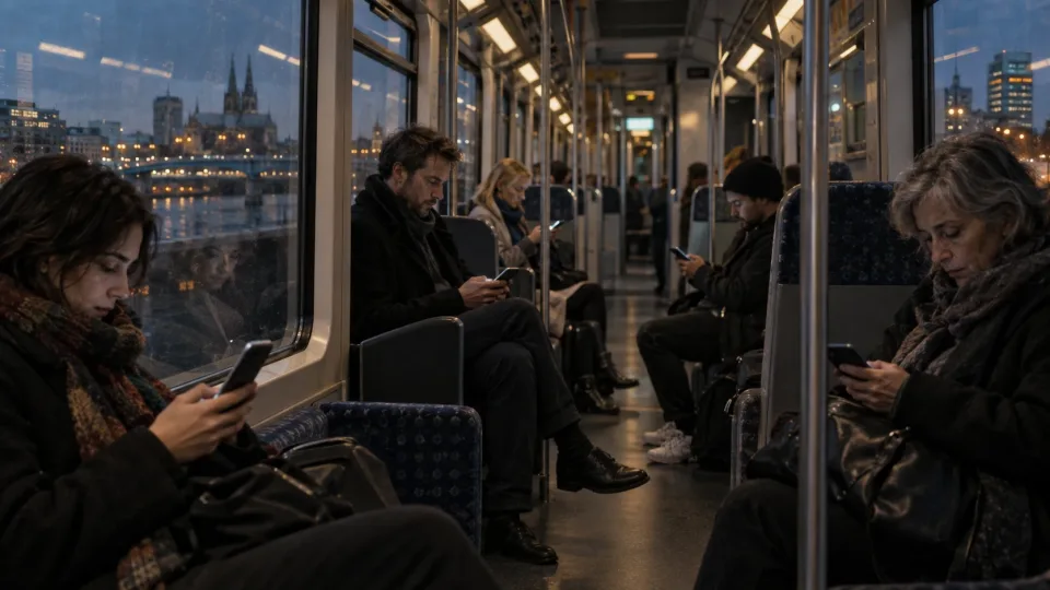 Mehrere Erwachsene sitzen in einer abendlichen Straßenbahn und schauen auf ihre Smartphones.