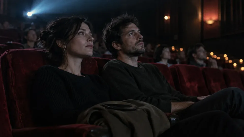 Zwei Erwachsene verfolgen aufmerksam einen Film im Kino; ein Smartphone liegt unbenutzt auf einer Jacke.