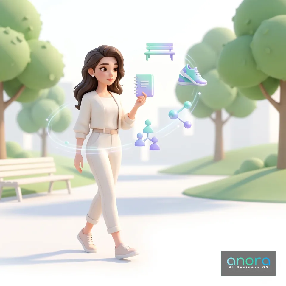 Illustration: Eine Frau geht mit einem kleinen Notizbuch durch einen Park. Symbole einer Sitzbank, eines Turnschuhs und vernetzter Personen schweben neben ihr.