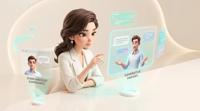 Illustration: Eine Frau betrachtet zwei schwebende Ansichten desselben Avatars: links eine standardisierte Begegnung, rechts eine generative Variante mit mehreren Sprechblasen.