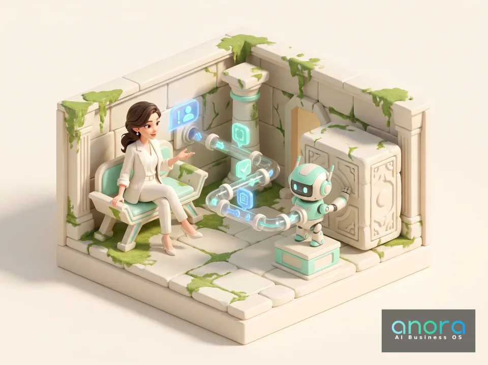 Illustration: Eine Frau sitzt in einer moosbewachsenen Steinkulisse einem kleinen Roboter gegenüber. Leuchtende Röhren und Symbole verbinden die beiden Figuren.