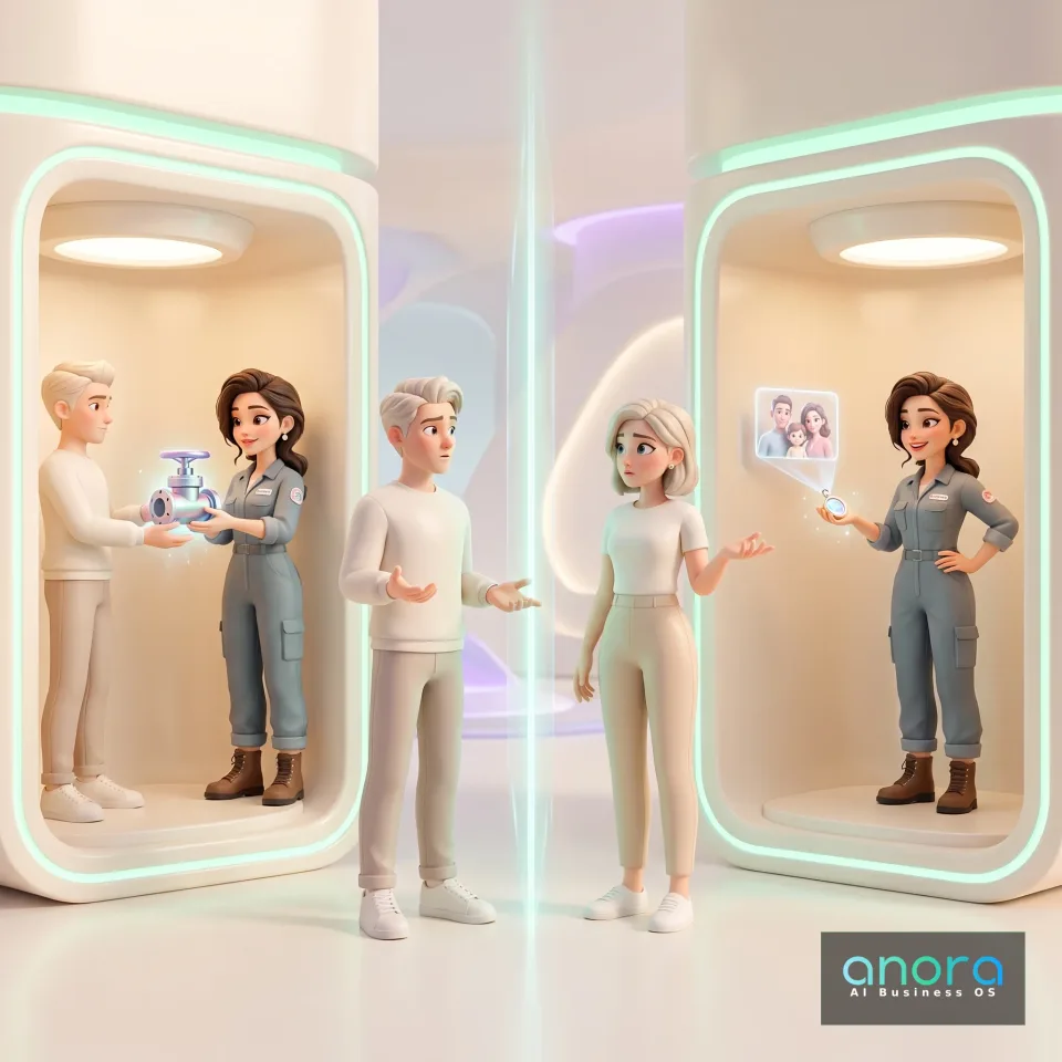 Illustration: Zwei Varianten einer Begegnung: Links halten eine Frau und ein Mann ein Ventil; rechts zeigt die Frau einen Anhänger mit einem eingeblendeten Familienbild.