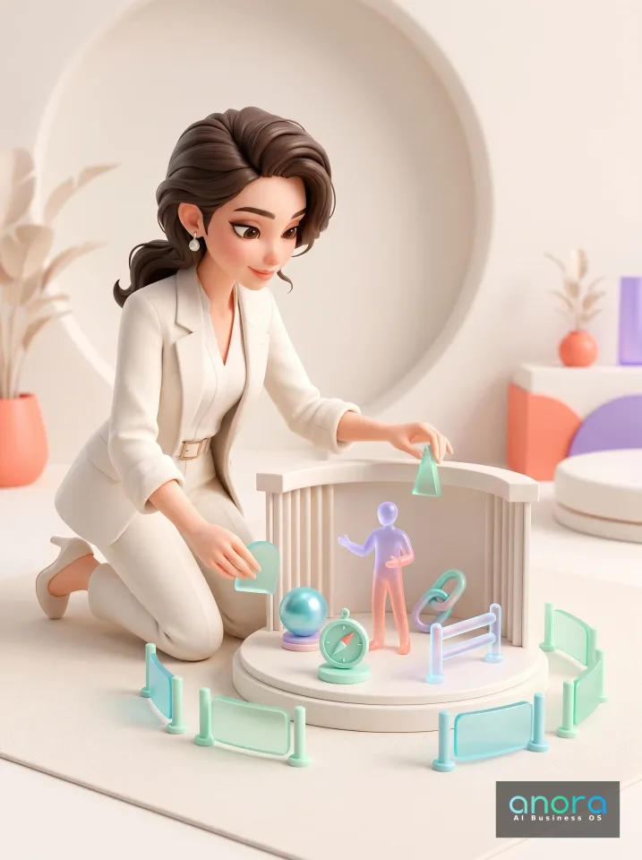 Illustration: Eine Frau ordnet farbige Formen um eine Miniaturfigur auf einer kleinen Bühne. Ein Kompass, Kettenglieder und Absperrungen stehen daneben.
