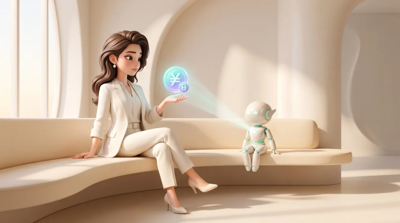 Illustration: Eine stilisierte Frau in weißem Anzug sitzt auf einer hellen Bank, hält eine Hand unter schwebende Symbole mit Yen-Zeichen und Schloss, während ein kleiner Roboter Licht darauf richtet.