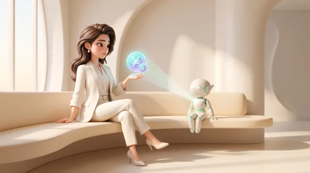 Illustration: Eine stilisierte Frau in weißem Anzug sitzt auf einer hellen Bank, hält eine Hand unter schwebende Symbole mit Yen-Zeichen und Schloss, während ein kleiner Roboter Licht darauf richtet.