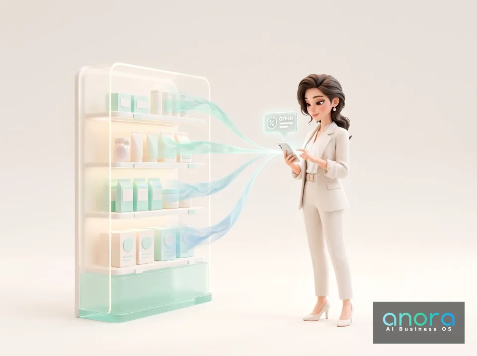 Illustration: Eine illustrierte Frau im weißen Anzug bedient ein Smartphone neben einem transparenten Regal mit Verpackungen; blaue Lichtbänder und ein Angebotssymbol verbinden beides.
