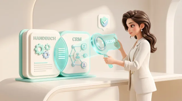 Illustration: Eine illustrierte Frau im weißen Anzug hält eine Lupe vor eine türkisfarbene Tafel mit „SCOPE“, neben einem offenen Display mit „HANDBUCH“, „CRM“, Zahnrädern, Symbolen und Schild.