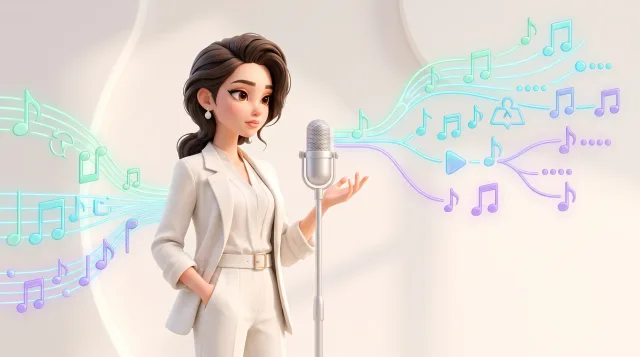 Illustration: Eine illustrierte Frau im weißen Anzug steht neben einem Mikrofon, hebt eine Hand und ist von leuchtenden Notenlinien mit Musiknoten umgeben.