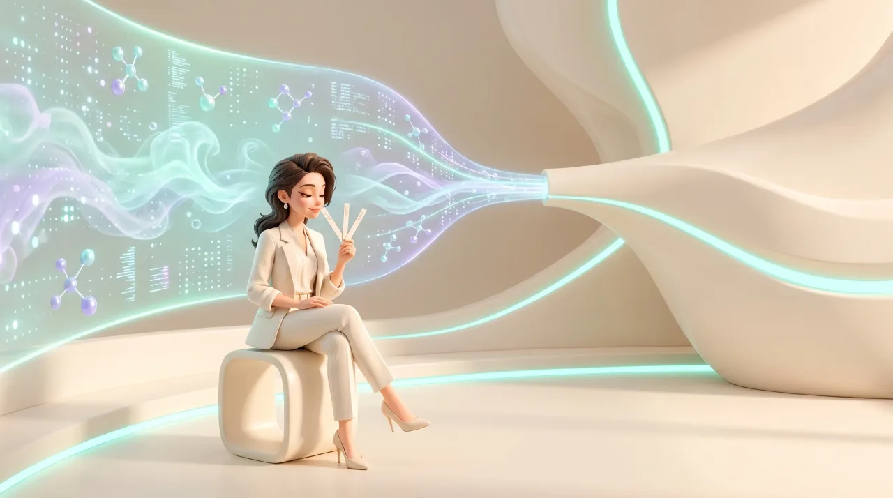 Illustration: Eine stilisierte Frau im weißen Anzug sitzt auf einem Hocker und hält drei beschriftete Streifen vor schimmernden Daten- und Molekülgrafiken in einem futuristischen Raum.