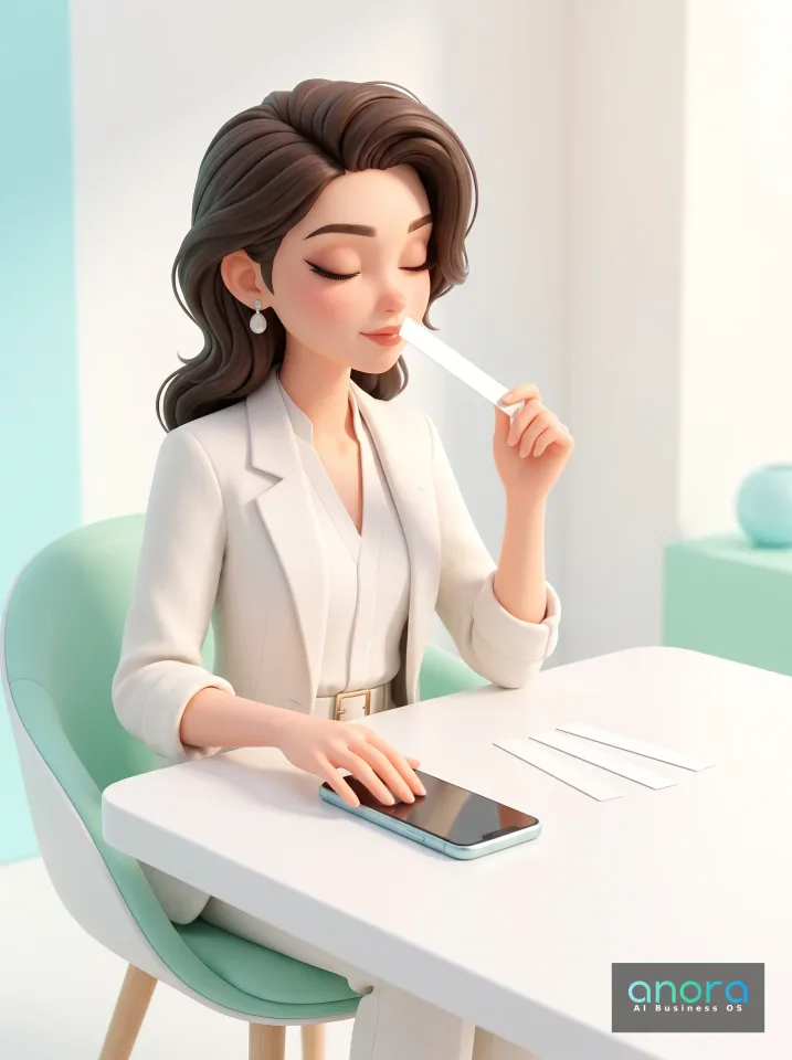 Illustration: Eine illustrierte Frau im weißen Blazer sitzt an einem Tisch, hält einen weißen Streifen an die Nase und legt eine Hand auf ein Smartphone.