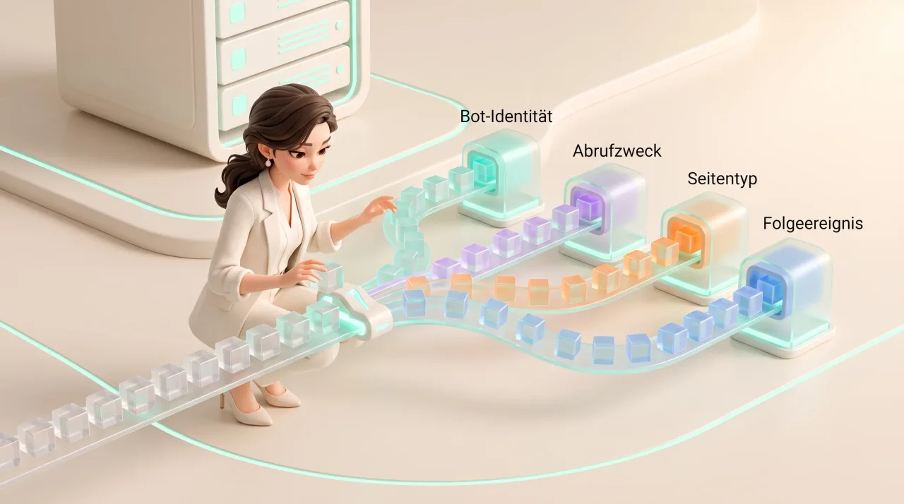 Schematische Illustration: Eine Frau in weißem Anzug kniet neben leuchtenden Förderbahnen mit farbigen Würfeln, Servergehäuse und Beschriftungen wie „Bot-Identität“ und „Abrufzweck“.