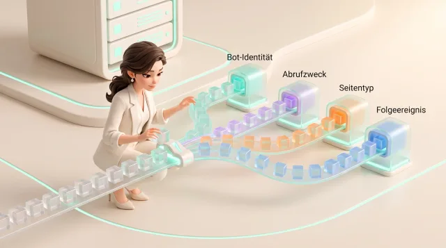 Schematische Illustration: Eine Frau in weißem Anzug kniet neben leuchtenden Förderbahnen mit farbigen Würfeln, Servergehäuse und Beschriftungen wie „Bot-Identität“ und „Abrufzweck“.
