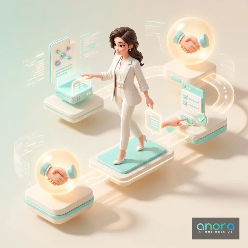 Illustration: Eine Frau im weißen Anzug steht auf einer schwebenden Plattform zwischen holografischen Tafeln, Molekülsymbolen, Checkboxen und leuchtenden Handschlag-Icons.