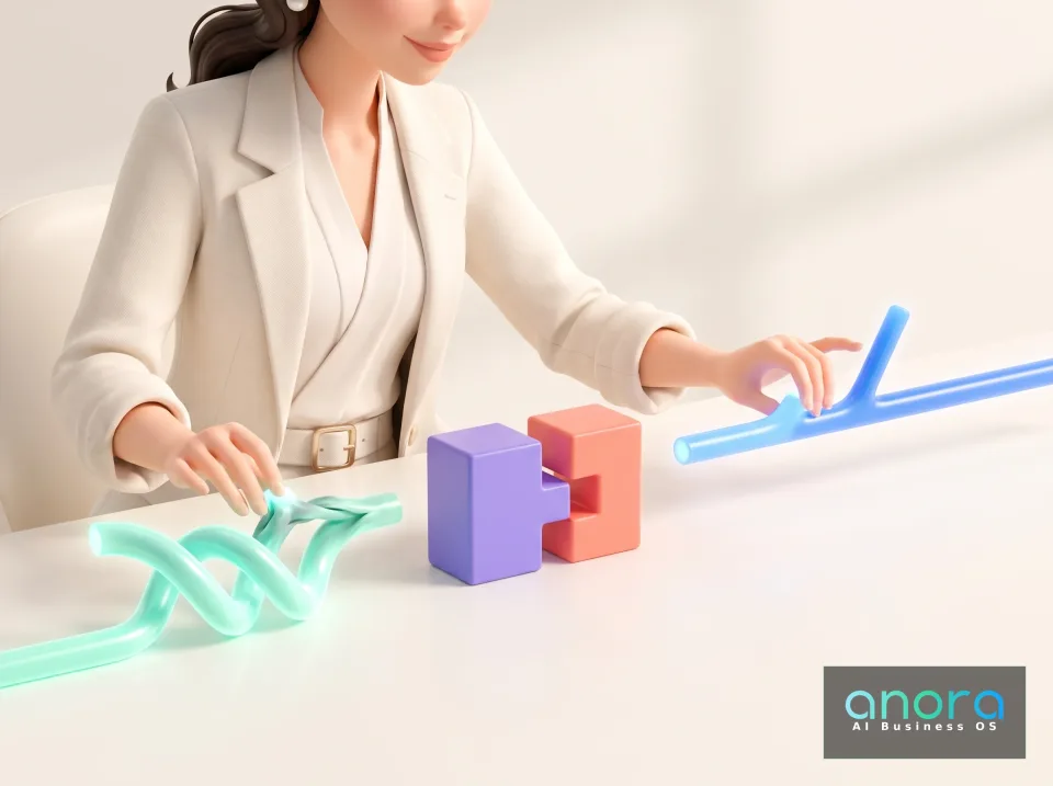 Illustration: Eine illustrierte Frau im weißen Blazer sitzt an einem Tisch und berührt leuchtende, röhrenartige Formen sowie violette und rote Bausteine.