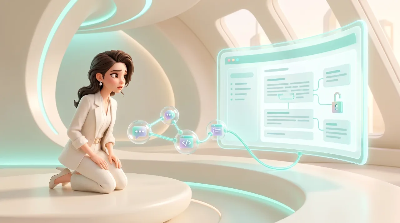 Illustration: Eine Frau im weißen Anzug kniet in einem futuristischen Raum vor einer leuchtenden Oberfläche mit verbundenen Chat-, Code- und Schloss-Symbolen.