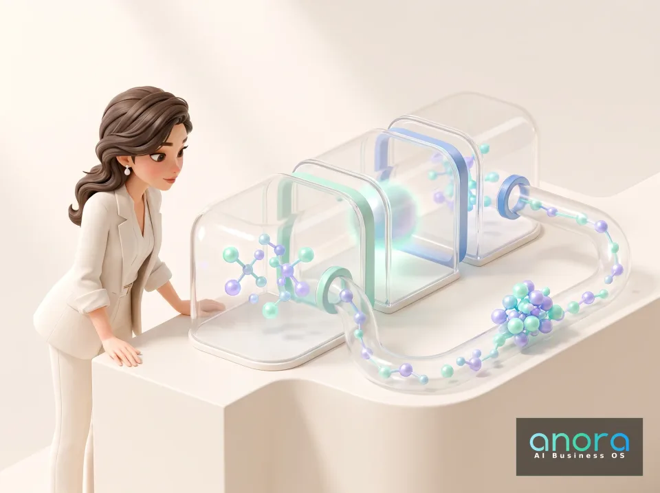 Illustration: Eine Frau im weißen Anzug beugt sich über einen Tisch mit transparenten Röhren und Kammern, in denen bunte Kugel-Stab-Strukturen verlaufen.