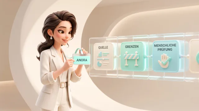Illustration: Eine illustrierte Frau im weißen Anzug hält ein Schild mit „ANORA“; daneben stehen transparente Tafeln mit „QUELLE“, „GRENZEN“ und „MENSCHLICHE PRÜFUNG“.