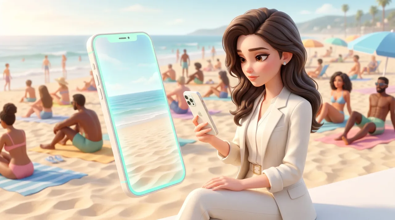 Illustration: Eine Frau im weißen Anzug hält am Strand ein Smartphone, neben ihr schwebt ein großes Handy; im Hintergrund sitzen und baden viele Menschen.