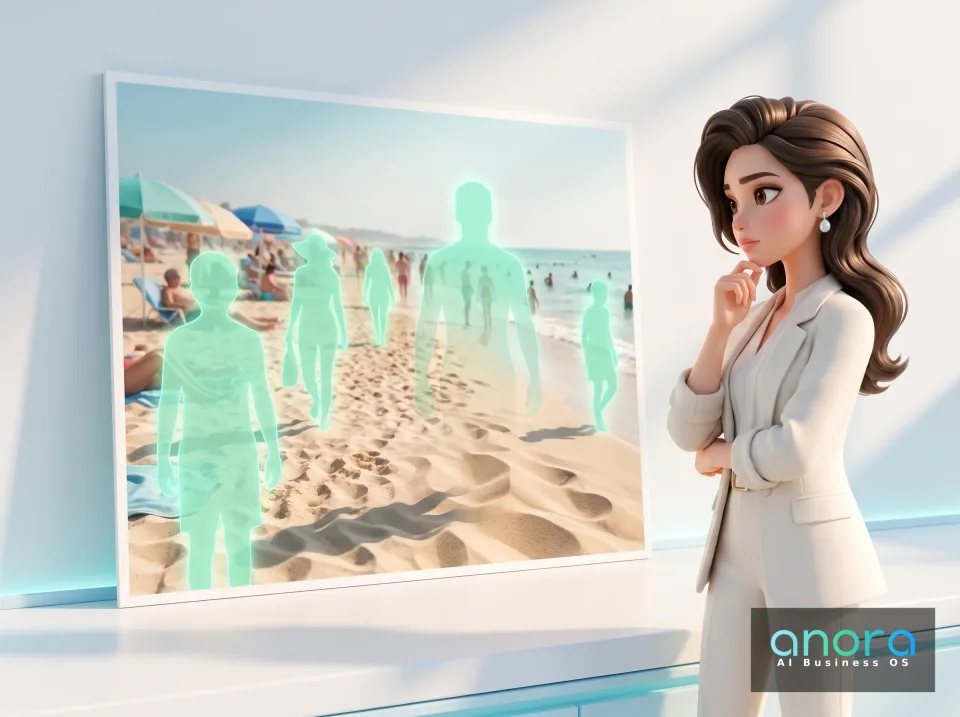 Illustration: Eine Frau im weißen Anzug betrachtet ein großes Strandbild, auf dem mehrere türkis leuchtende Personensilhouetten über Badegästen markiert sind.