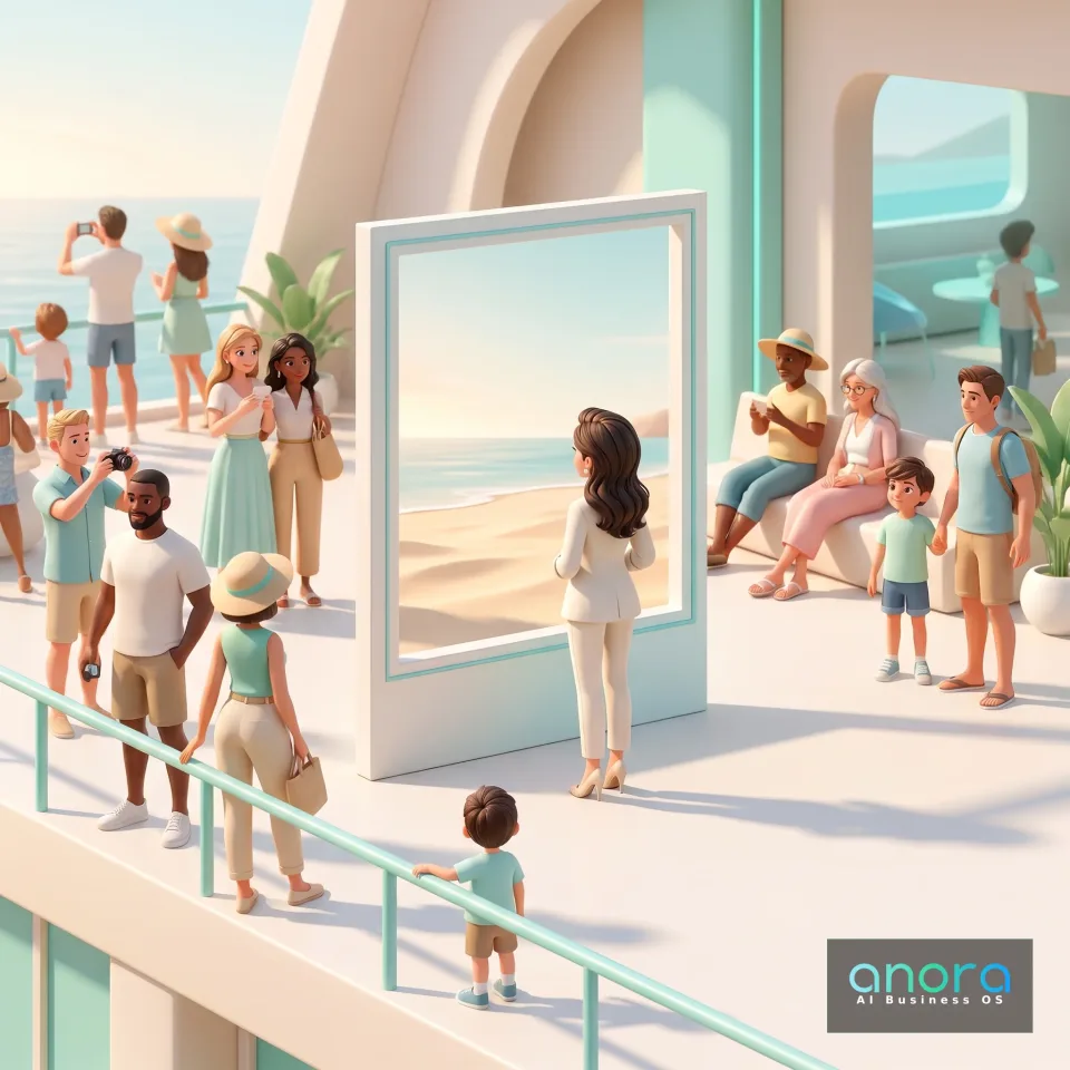 Illustration: Auf einer hellen Terrasse am Meer stehen und sitzen mehrere Menschen, einige fotografieren, neben einem großen Rahmen mit Strandblick; unten rechts ist ein Logo.